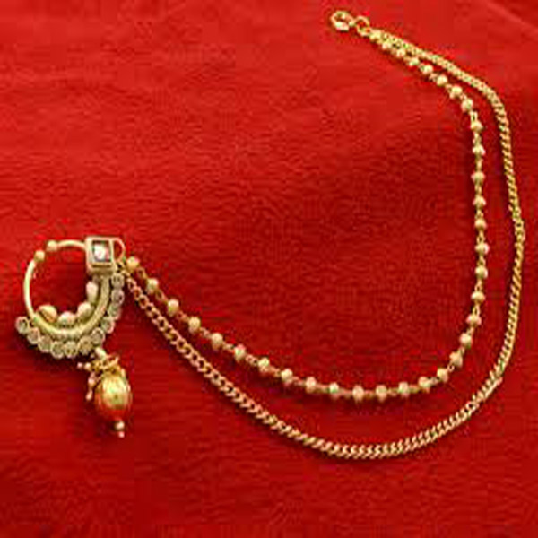Indian Gold Nath( Nose Ring with Chain) Dhanalakshmi Jewellers