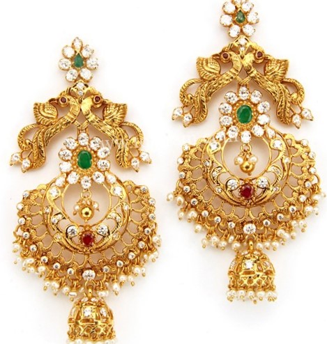 Latest Gold Chandbali Earrings with stones - Dhanalakshmi Jewellers