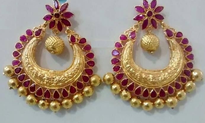 Temple Jewellery - 22K Gold Drop Earrings (Chandbali) With Cz, Ruby ,  Emeralds & Japanese Cultu - 235-GER12885 in 12.200 Grams