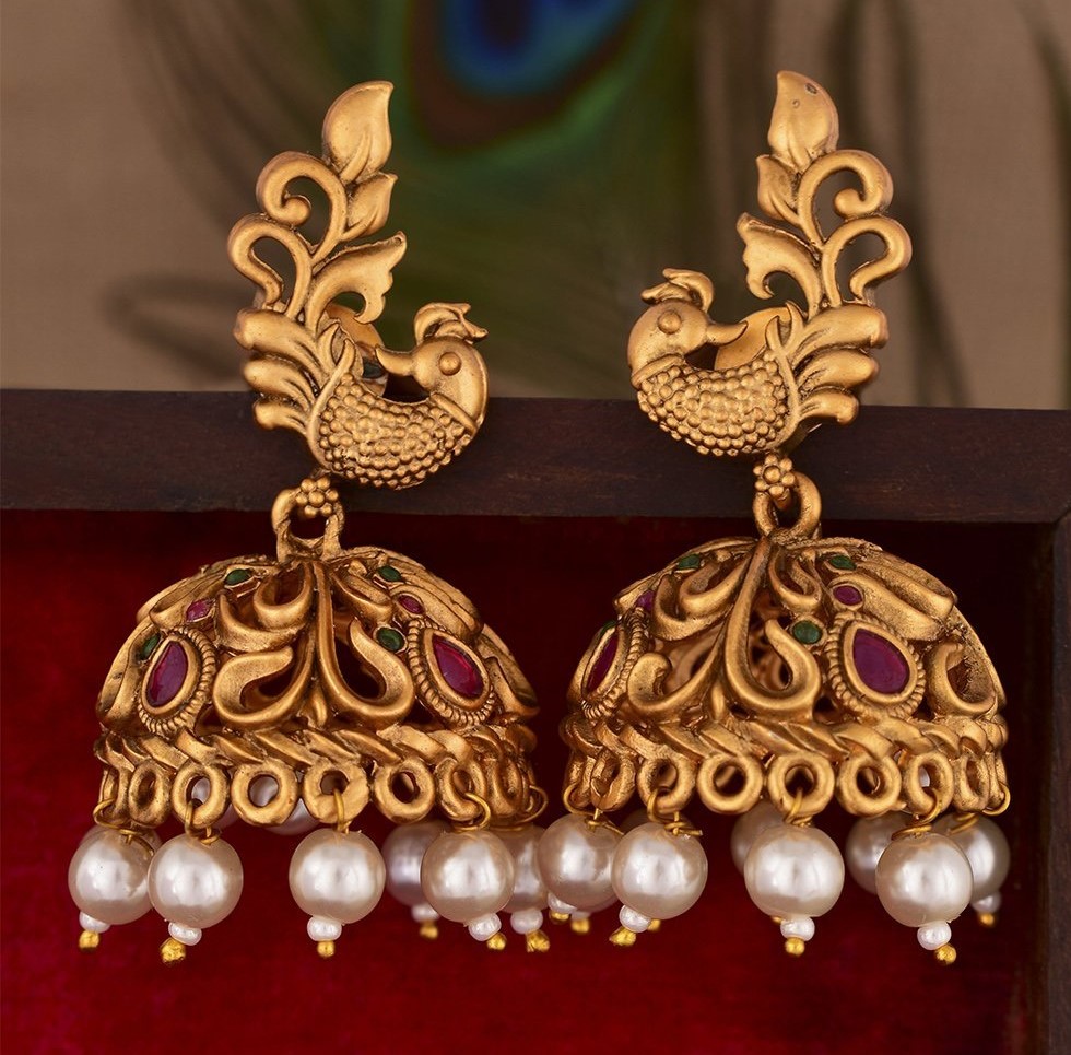 CZ Traditional Gold Plated Red Jhumka Earrings – VOYLLA