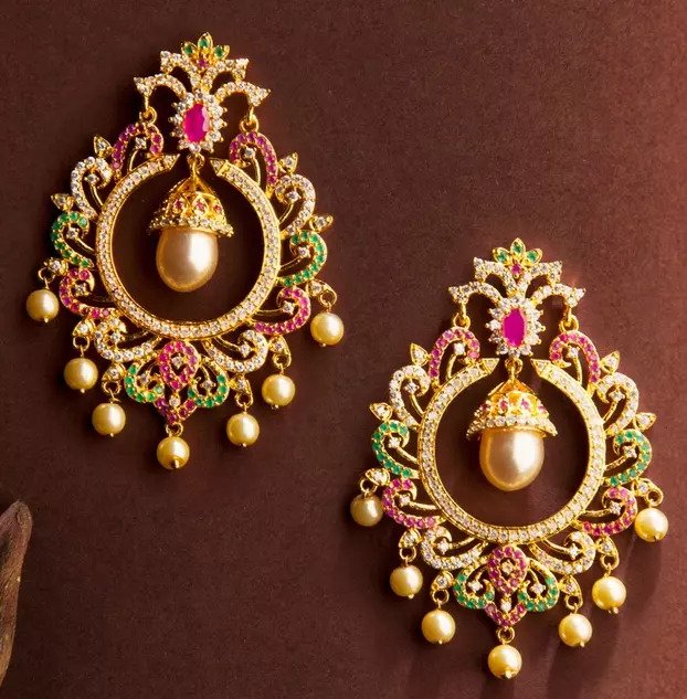 Gold Chandbali Earrings with pearl hangings | Art of Gold Jewellery,  Coimbatore