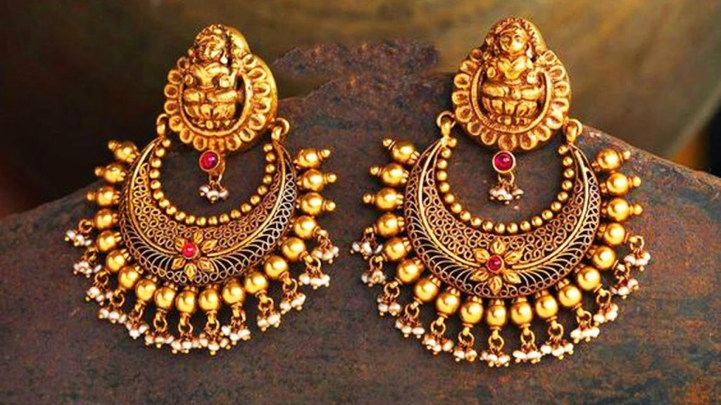Gold Chand Bali Earrings with Rubies & Pearls JL AU 108
