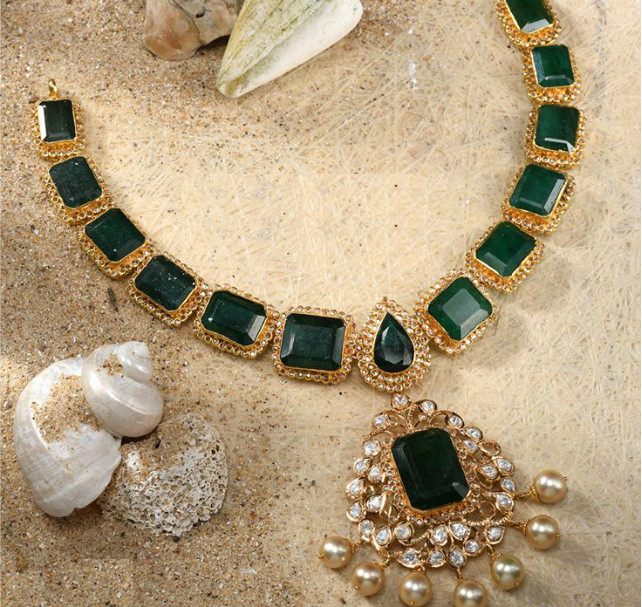 Gold Necklace Designs with Green Stones