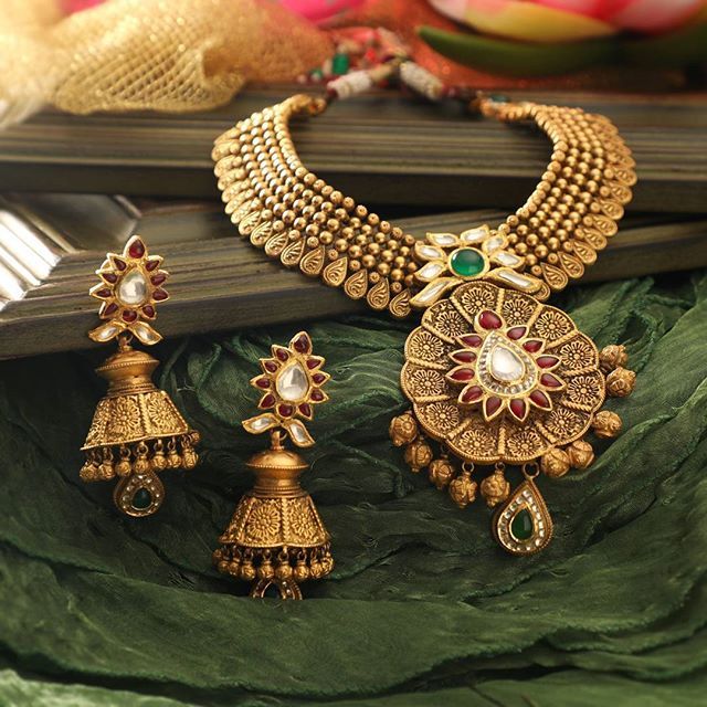 Floral Design & Ruby Stone Gold Jhumki Earrings – Jaipri