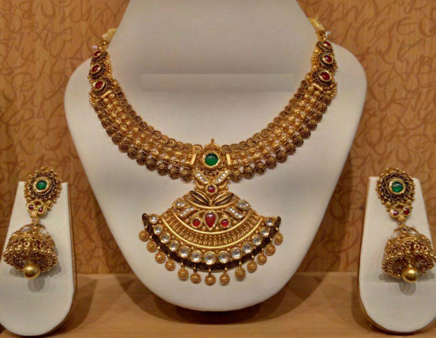 Gold Necklace with Jhumka Earring Designs - Dhanalakshmi Jewellers