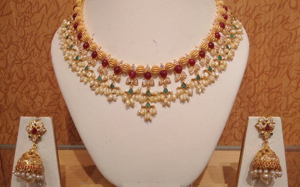 22K Gold Two tone Necklace and Jhumka style Drop Earring Set - NS-3510