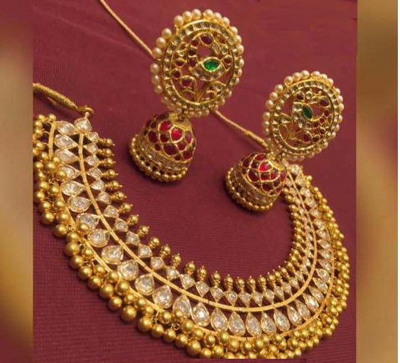 Gold Necklace Set with Jhumka Earring