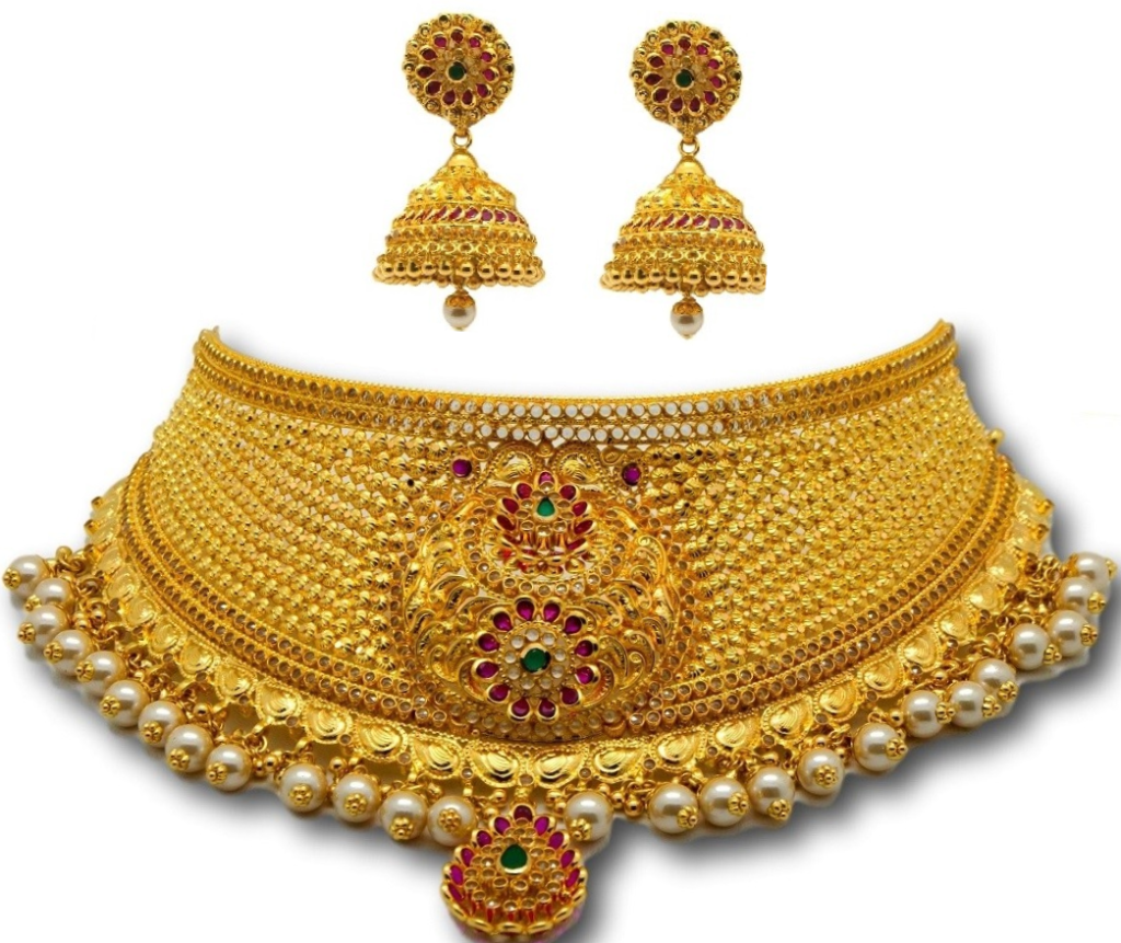 Gold Necklace Set with Jhumka Earring