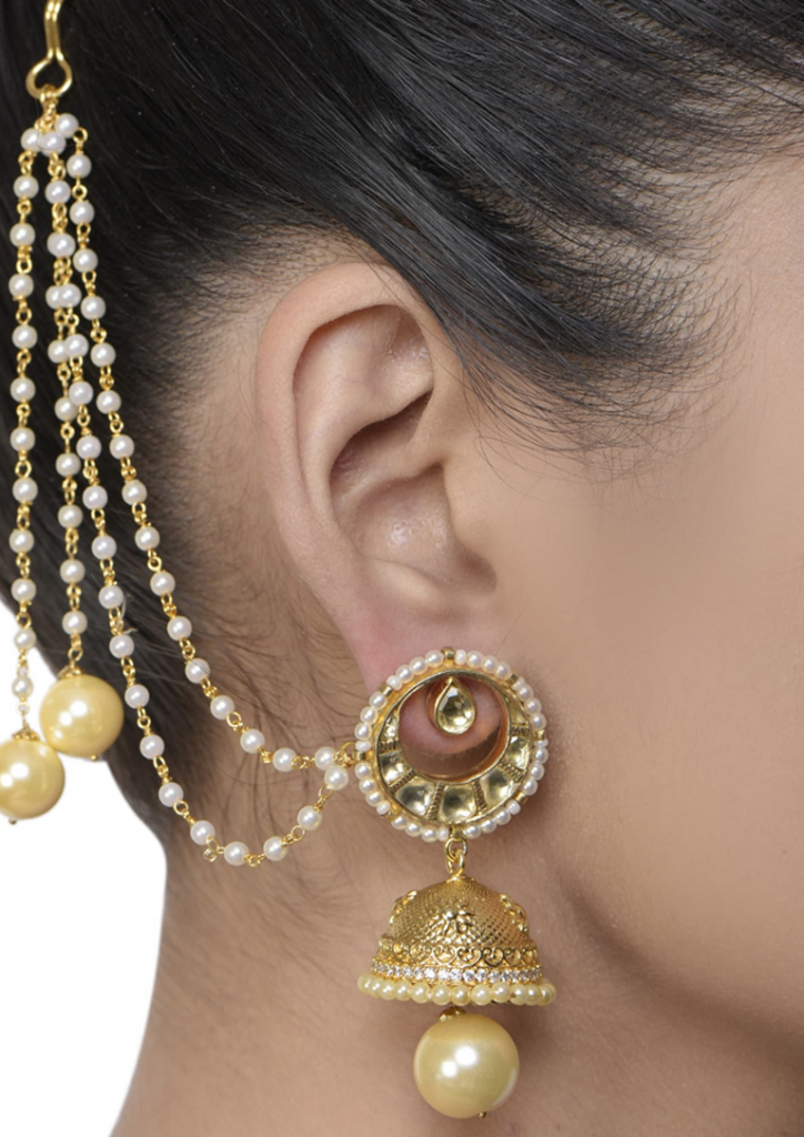 gold ear chain|Pearl ear chain