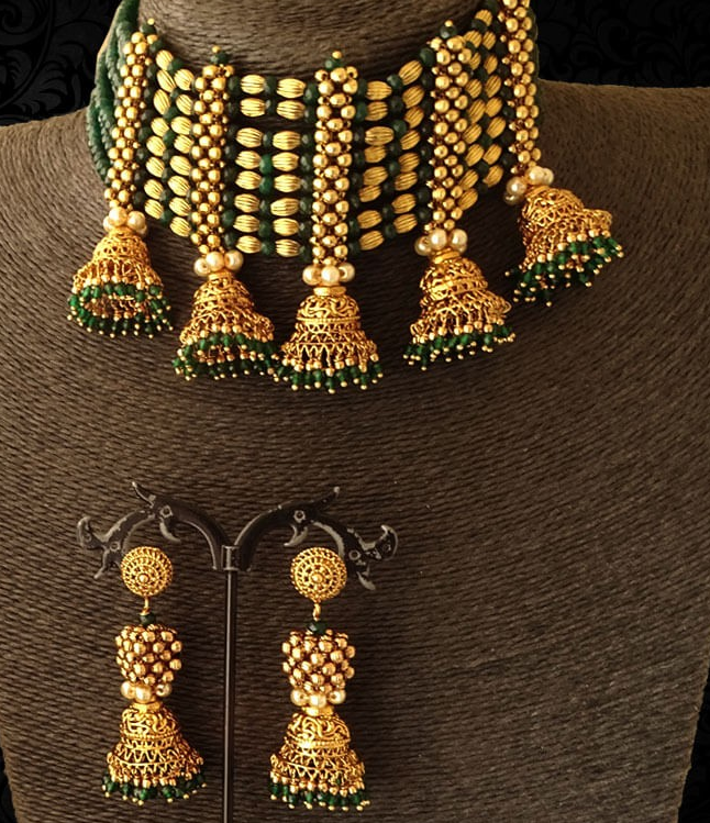 Emerald gold choker necklace, jhumka necklace set, gold choker