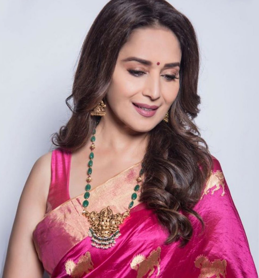 emerald beads necklace|Madhuri Dixit